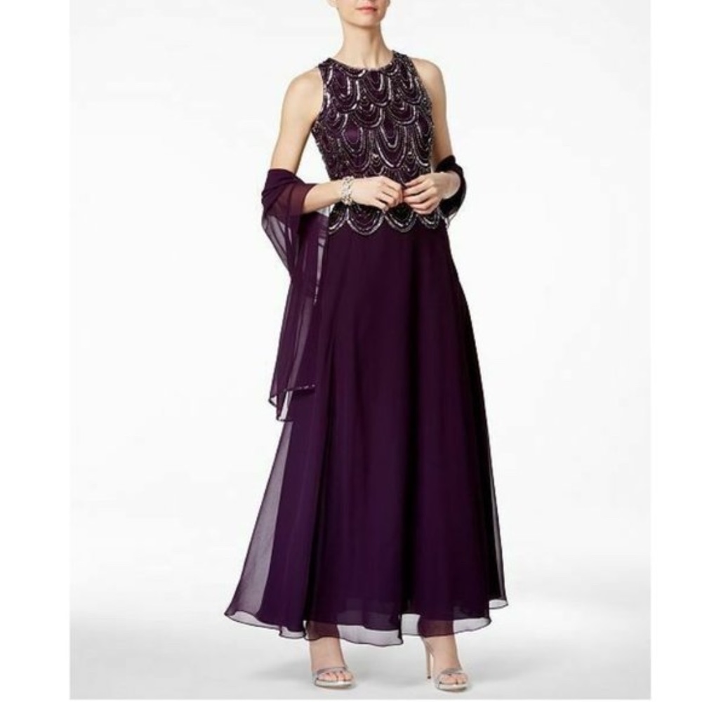 J Kara Embellished A-Line Gown and Scarf